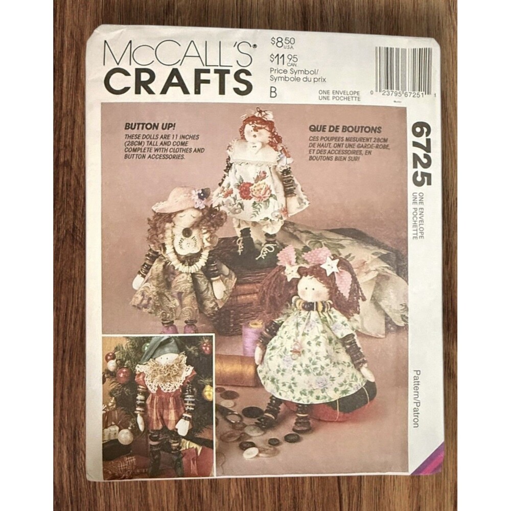 McCall's Crafts 6725 Button Up Dolls Sewing Pattern 11" Complete Vintage Uncut